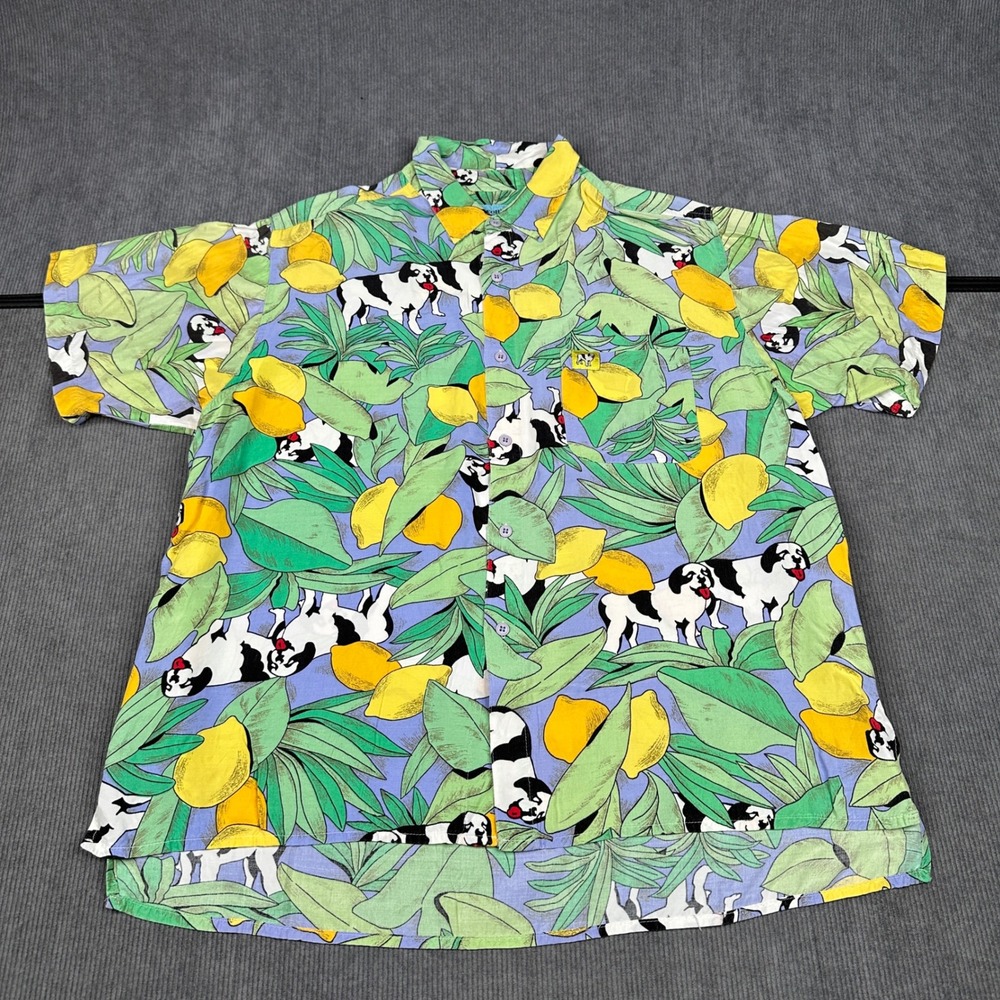Big Dogs California Lemons Rayon Button y2k Shirt Mens Large Tropical Dog Print